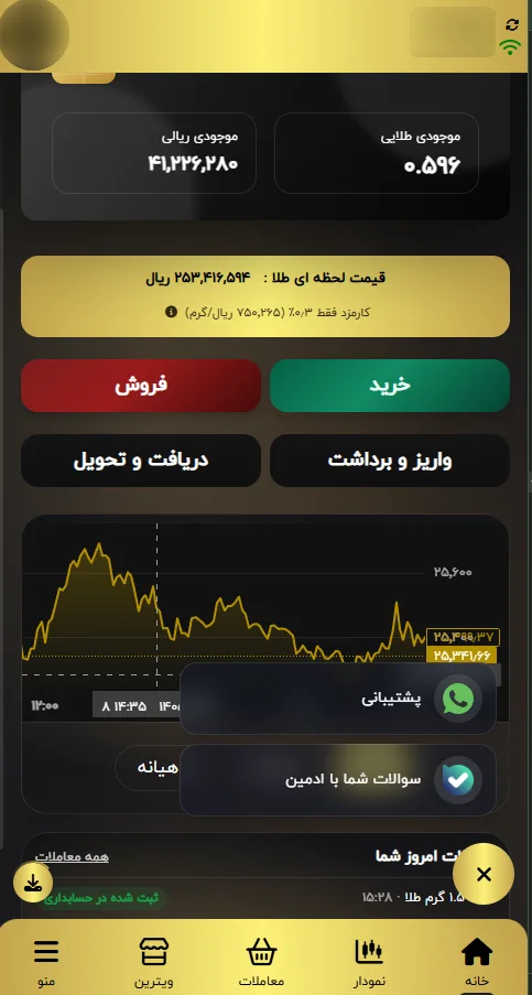 اپ مشتری روی گوشی: موجودی طلا و ریال، قیمت لحظه‌ای و دکمه‌های خرید و فروش